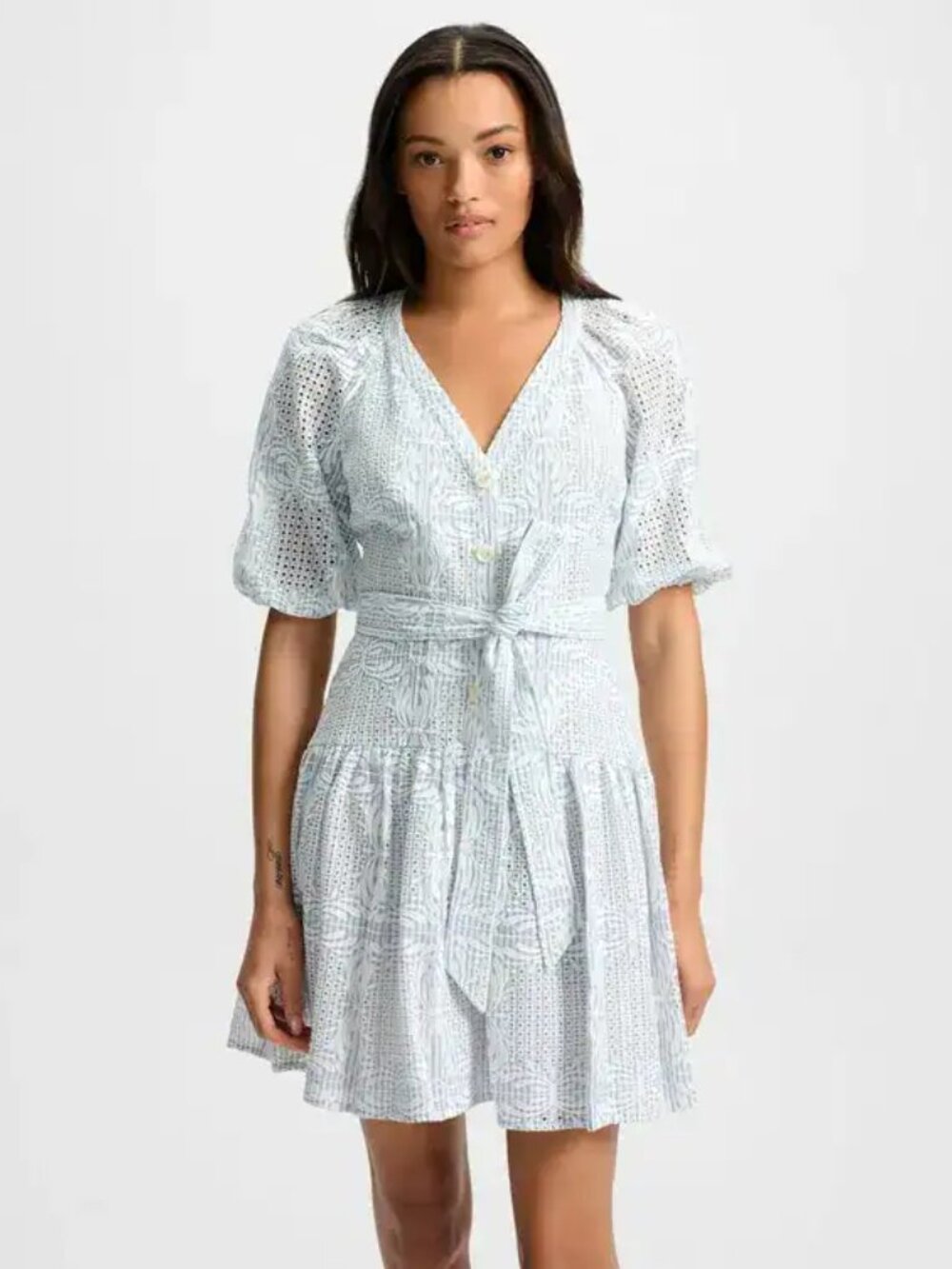 Veronica Beard Bobbie Embroidered Eyelet Puff Sleeve Mini Dress Size 8